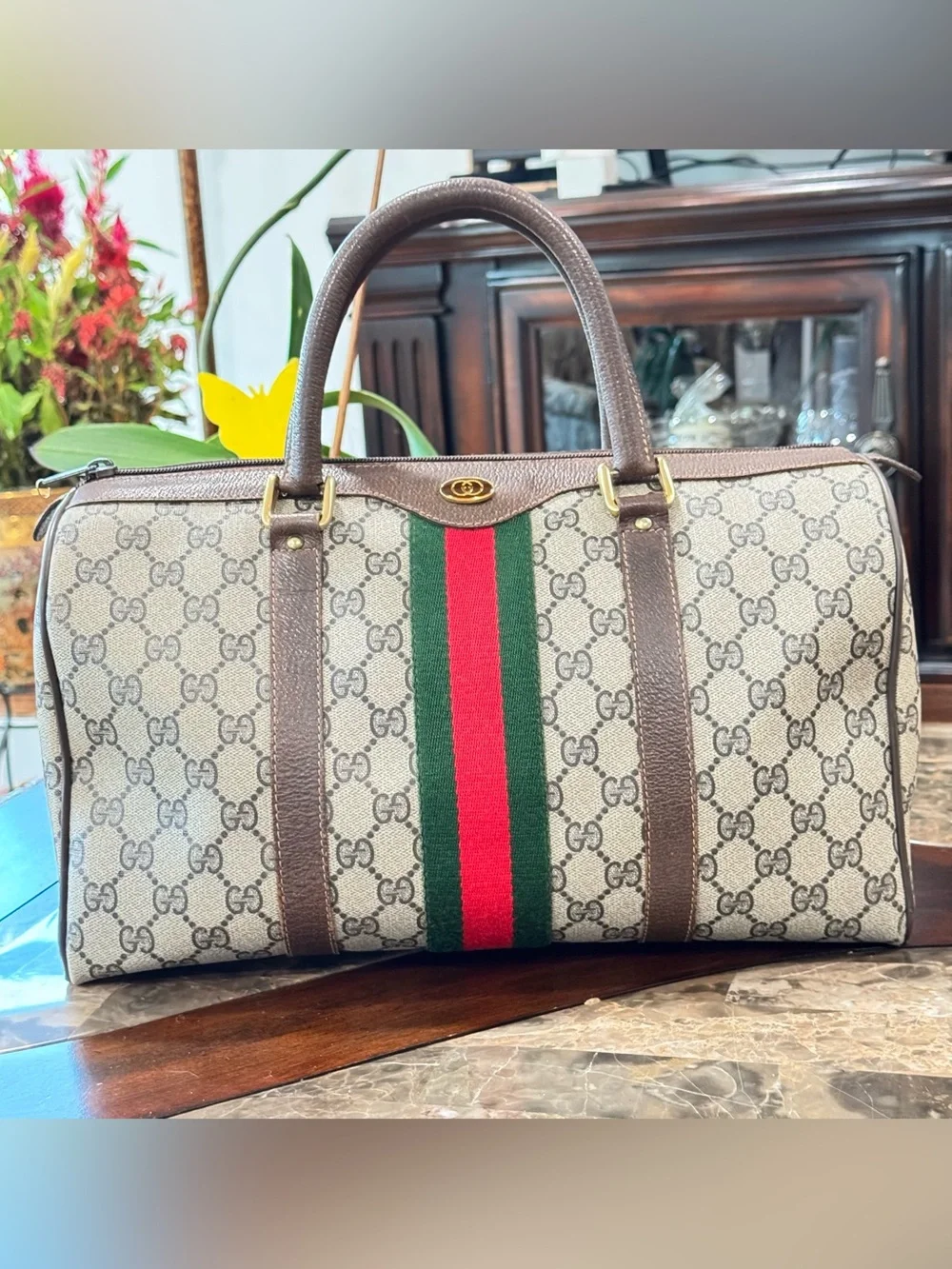 Vintage Gucci Boston GG Web Canvas Sherry Line handbag